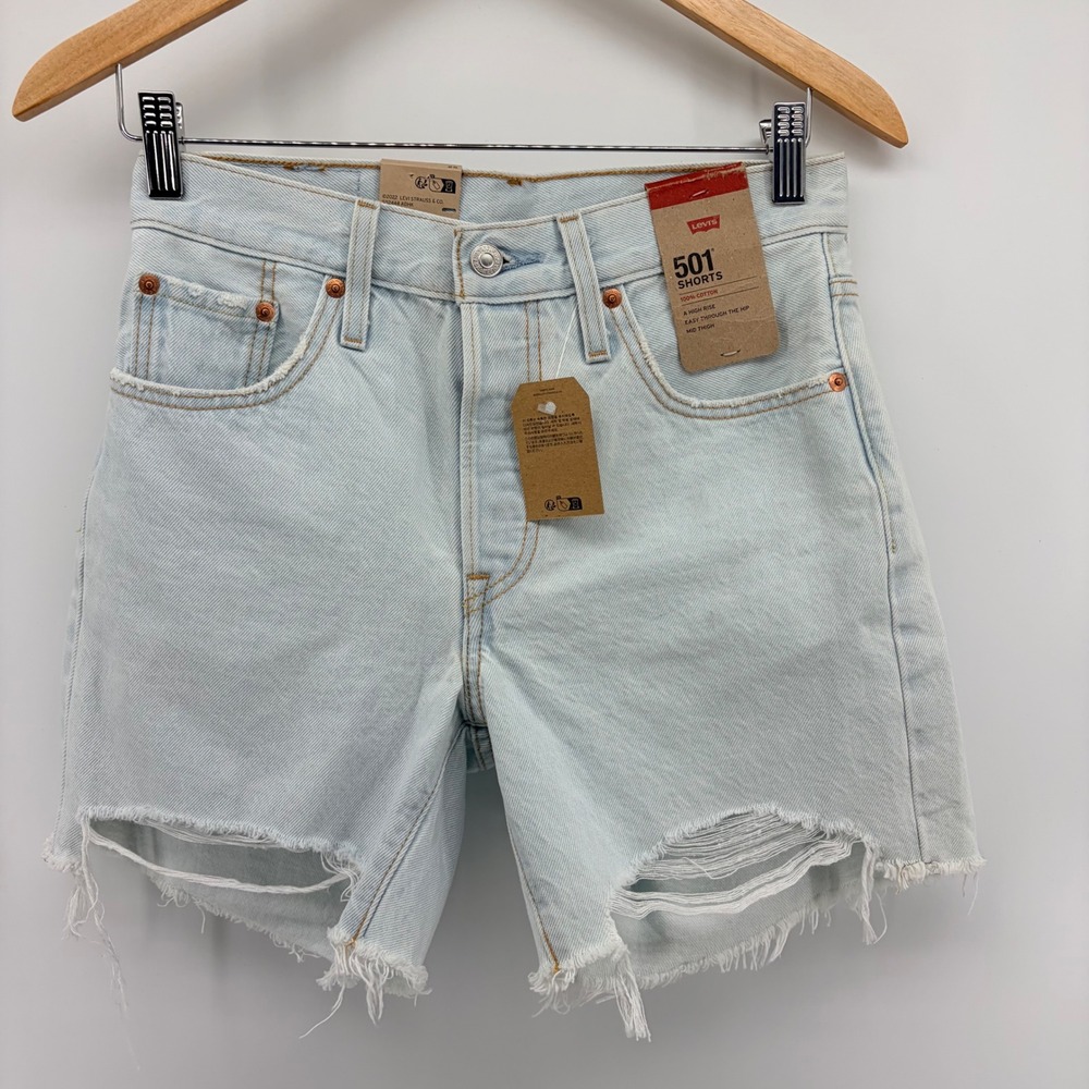 Levis 501 Original Shorts High Rise Distressed Light Wash Blue Denim Womens 25